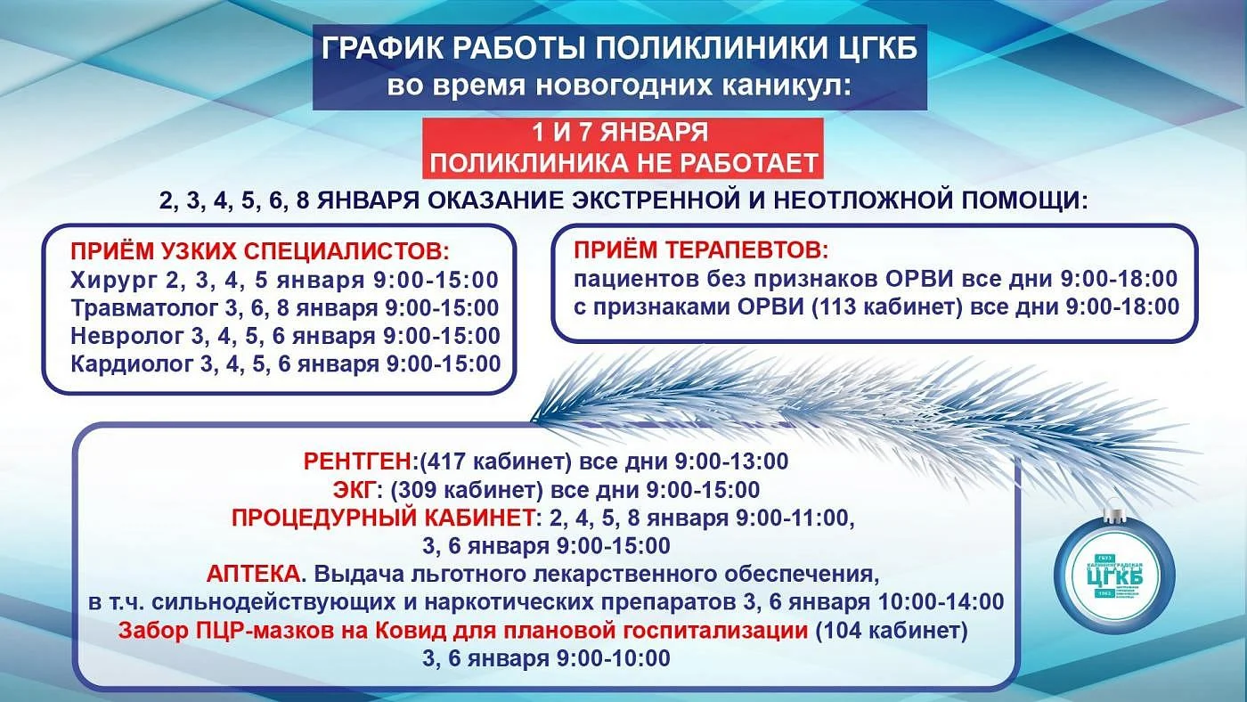 График работы поликлиники ЦГКБ во время новогодних каникул: 